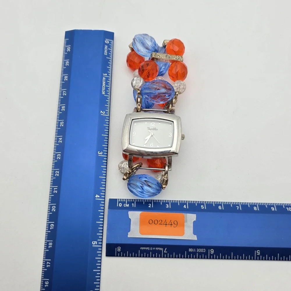 Vtg BUMBLES Watch Orange Blue 2-Strand Beaded Removable Stretch Band New Battery